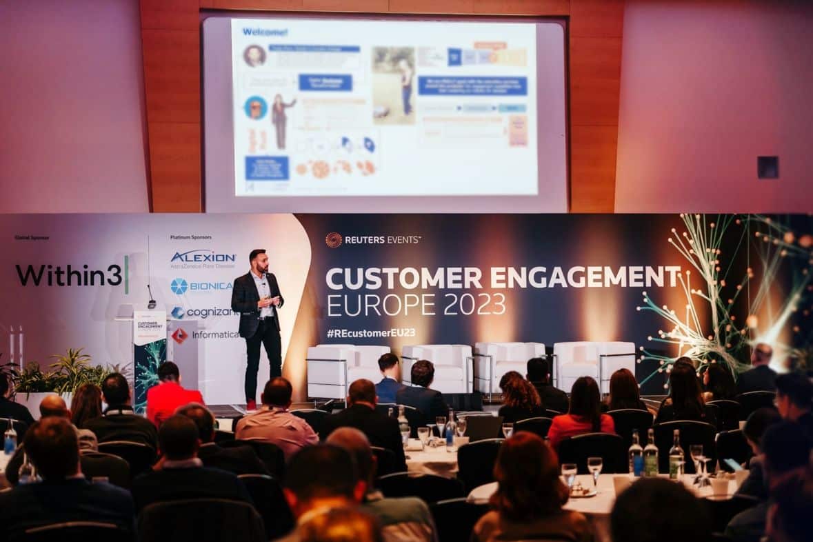 Thyago Ohana speaking at Reuters Events Pharma Customer Engagement Europe 2023